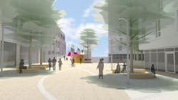 The rendering shows the hollywoodHUB’s public plaza, looking south, with the ramp and stairs leading to the Hollywood/NE 42nd Ave MAX Station in the background. The rendering shows the hollywoodHUB’s public plaza, looking south, with the ramp and stairs leading to the Hollywood/NE 42nd Ave MAX Station in the background.