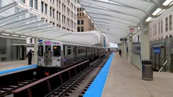 CTA pink line rail car at Washington Wabash station CTA pink line rail car at Washington Wabash station