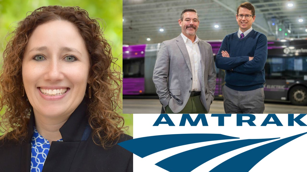 Claire Khouri (top left), Brandon Rapez-Betty on left and Karl Otterstrom on right (top right), Amtrak logo (bottom right).
