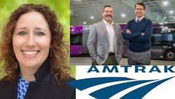 Claire Khouri (top left), Brandon Rapez-Betty on left and Karl Otterstrom on right (top right), Amtrak logo (bottom right). Claire Khouri (top left), Brandon Rapez-Betty on left and Karl Otterstrom on right (top right), Amtrak logo (bottom right).