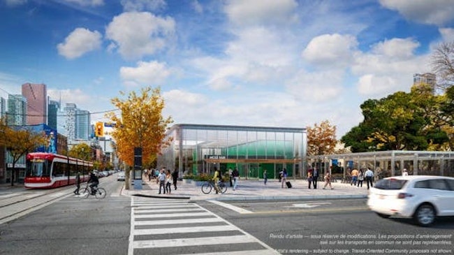 Future Ontario Line station building at Moss Park, looking west.