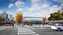 Future Ontario Line station building at Moss Park, looking west.