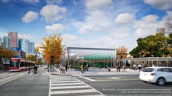 Future Ontario Line station building at Moss Park, looking west. Future Ontario Line station building at Moss Park, looking west.