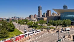 A Denver RTD train overlooking the city. A Denver RTD train overlooking the city.