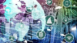 Tech themed image with city and highway in background with globe and mobility icon overlay Tech themed image with city and highway in background with globe and mobility icon overlay