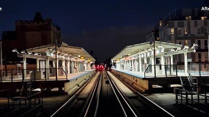 Lighting upgrades performed as part of CTA's Refresh & Renew program; left shows the platform lighting at Belmont Station before upgrades, while the right side has the new lighting installed.