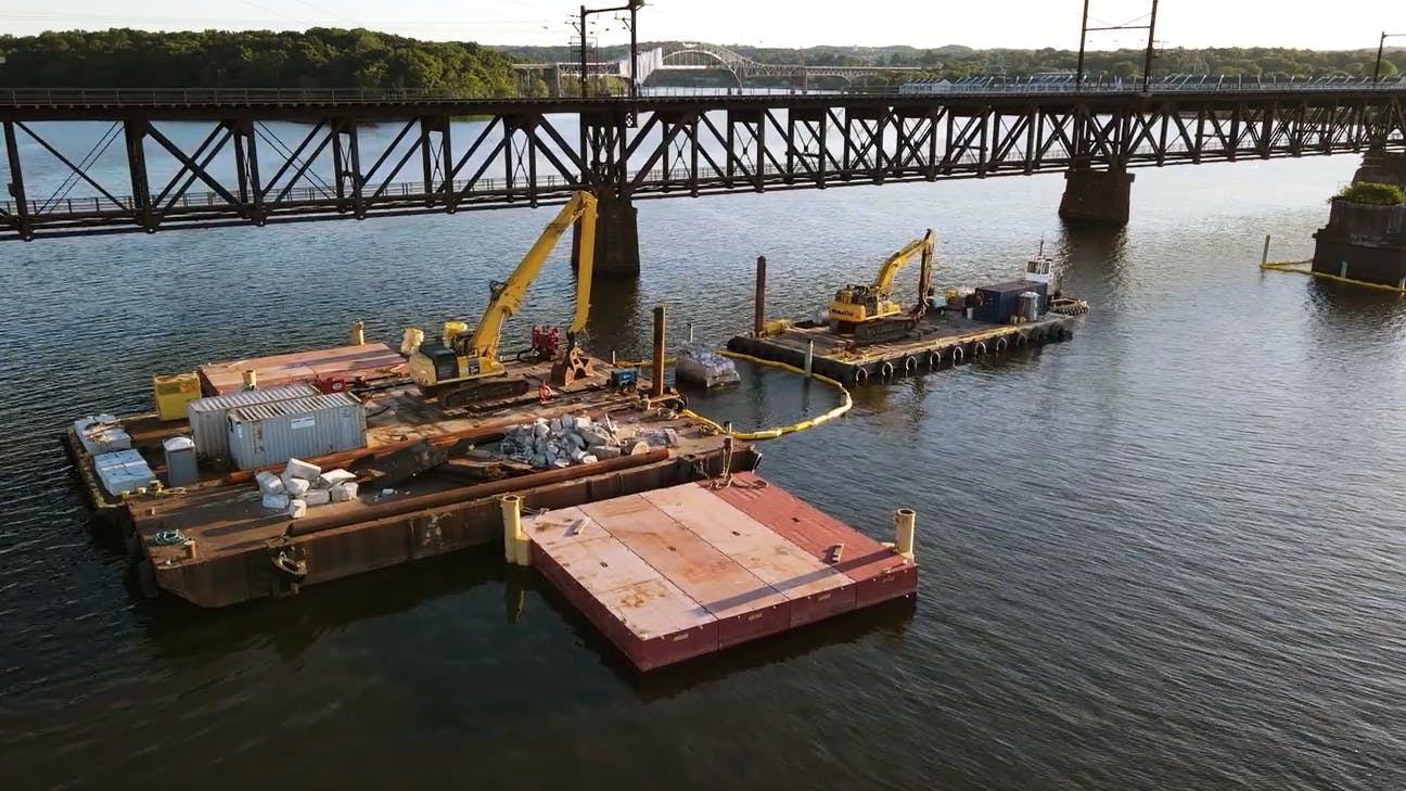 Amtrak's removal of the 10 piers prepares for the construction phase of two new bridges that will replace the existing two-track Susquehanna River Bridge.