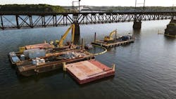 Amtrak's removal of the 10 piers prepares for the construction phase of two new bridges that will replace the existing two-track Susquehanna River Bridge. Amtrak's removal of the 10 piers prepares for the construction phase of two new bridges that will replace the existing two-track Susquehanna River Bridge.