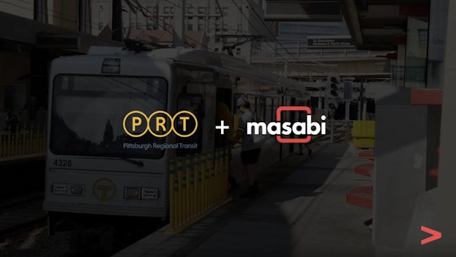 PRT and Masabi logo overlaid on PRT's rail vehicle