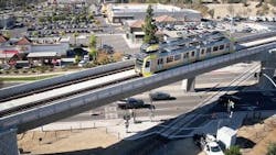 Light rail trains traveling over new Lone Hill Ave light rail bridge in Glendora Light rail trains traveling over new Lone Hill Ave light rail bridge in Glendora
