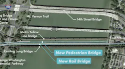 project map shows where new rail bridge and new pedestrian bridge connect to current infrastructure