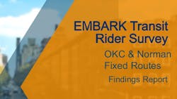 Embark has released the findings from its 2024 transit rider survey, which consisted of over 2,000 responses from Oklahoma City Fixed Route bus, RAPID NW bus rapid transit line and OKC Streetcar customers. Embark has released the findings from its 2024 transit rider survey, which consisted of over 2,000 responses from Oklahoma City Fixed Route bus, RAPID NW bus rapid transit line and OKC Streetcar customers.