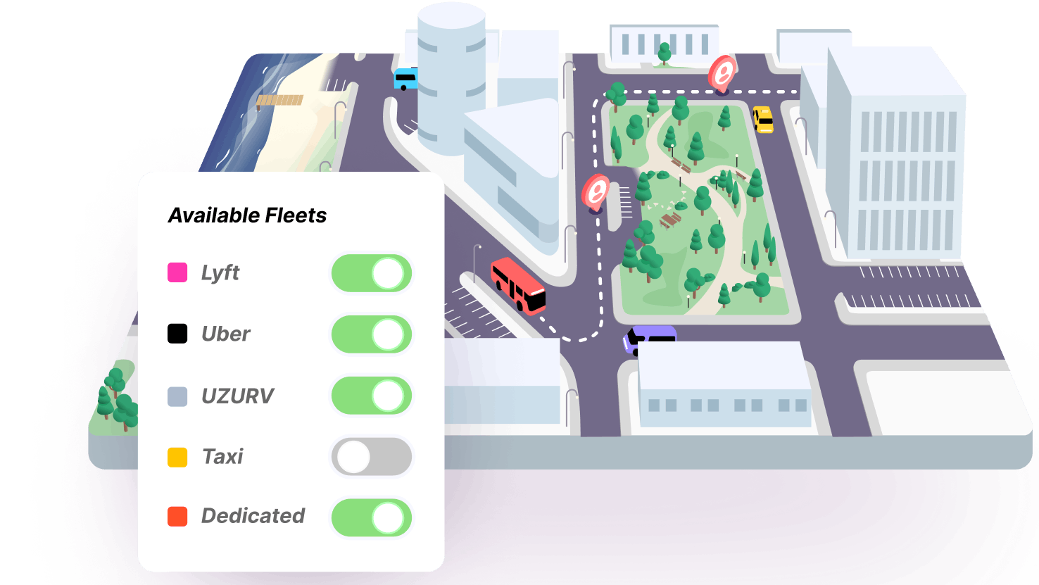graphic of city streets with various vehicles on the road showing TNC connectivity