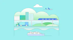 graphic with boat, freight truck, light rail and airplane integrated into a cityscape