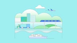 graphic with boat, freight truck, light rail and airplane integrated into a cityscape graphic with boat, freight truck, light rail and airplane integrated into a cityscape