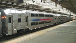 A NJ Transit multilevel II vehicle truck. A NJ Transit multilevel II vehicle truck.