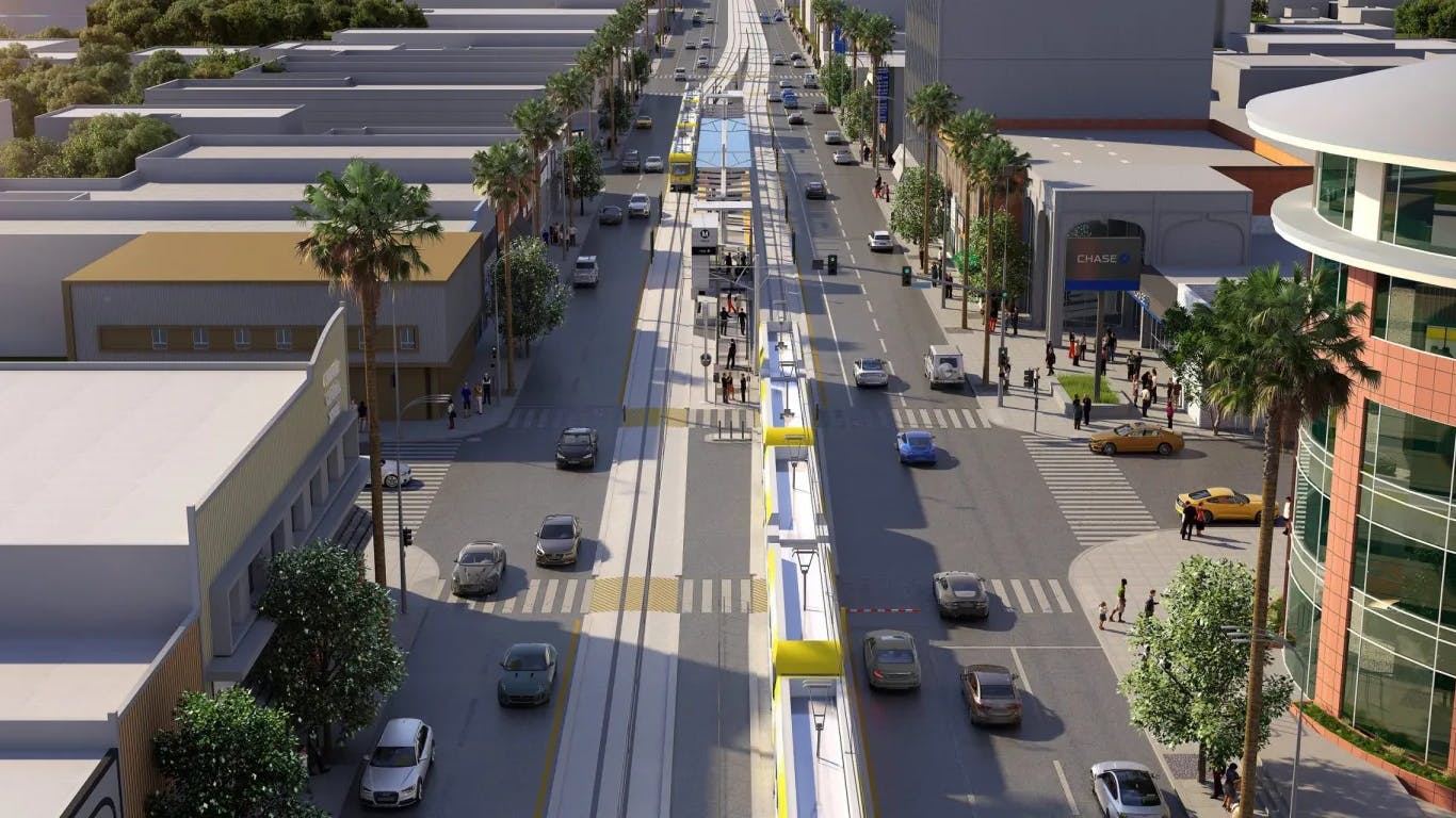 Aerial rendering of the East San Fernando Valley light rail project line on Van Nuys Boulevard at Victory Boulevard.