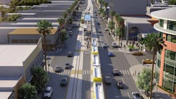 Aerial rendering of the East San Fernando Valley light rail project line on Van Nuys Boulevard at Victory Boulevard. Aerial rendering of the East San Fernando Valley light rail project line on Van Nuys Boulevard at Victory Boulevard.