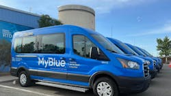 The Blue Bus MyBlue microtransit van. The Blue Bus MyBlue microtransit van.