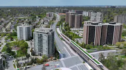 A rendering showing an aerial view of the elevated section of the Eglinton Crosstown West Extension.
