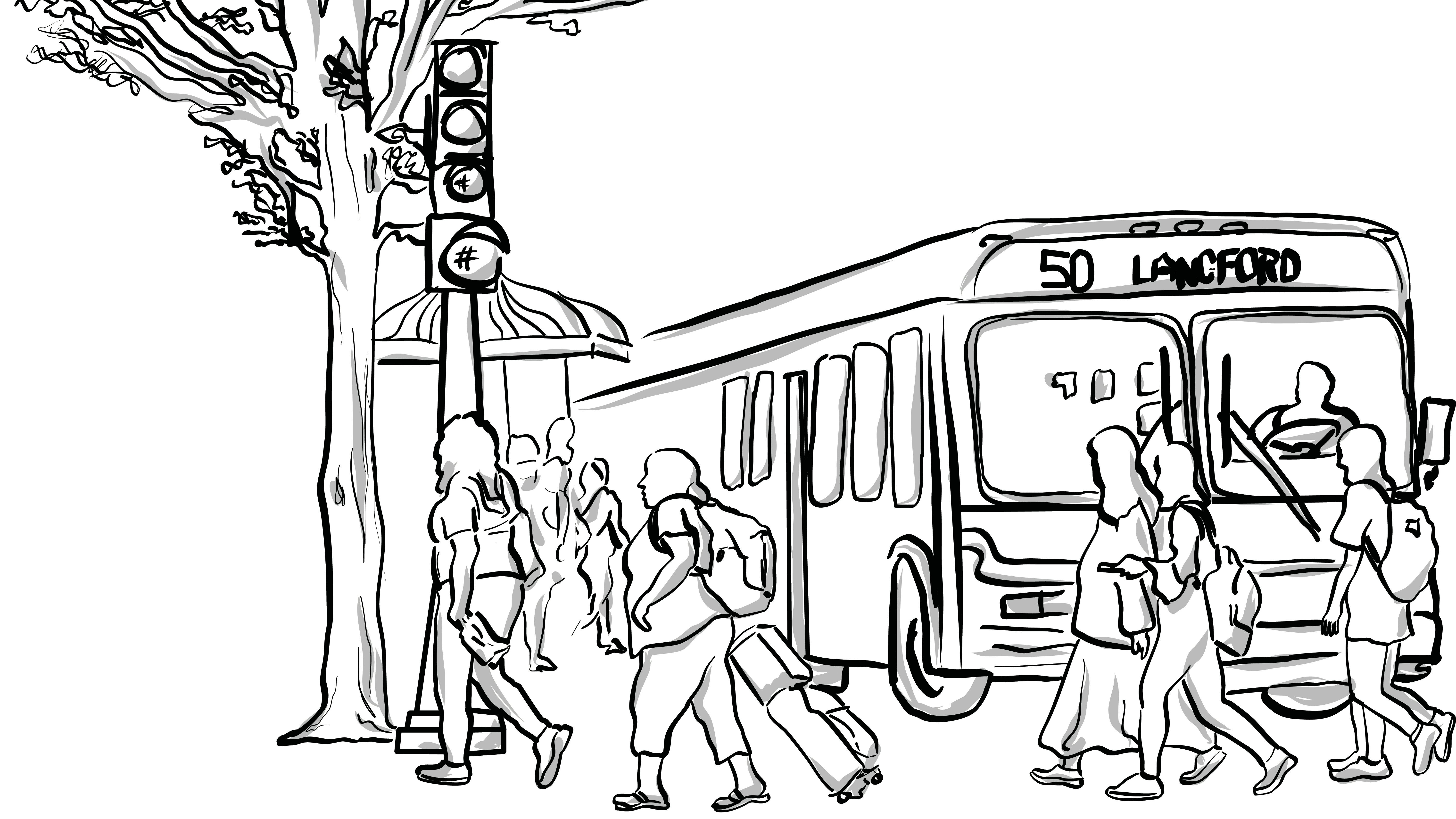 black and white sketch style drawing of people disembarking and walking around a bus