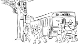 black and white sketch style drawing of people disembarking and walking around a bus black and white sketch style drawing of people disembarking and walking around a bus
