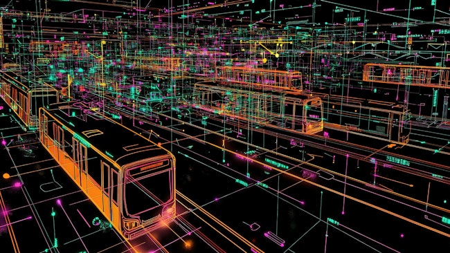 AI generated graphic of train outlines intertwined in data matrix