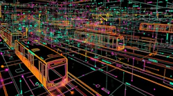 AI generated graphic of train outlines intertwined in data matrix