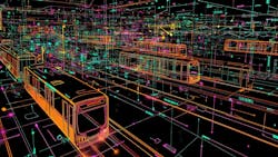 AI generated graphic of train outlines intertwined in data matrix AI generated graphic of train outlines intertwined in data matrix