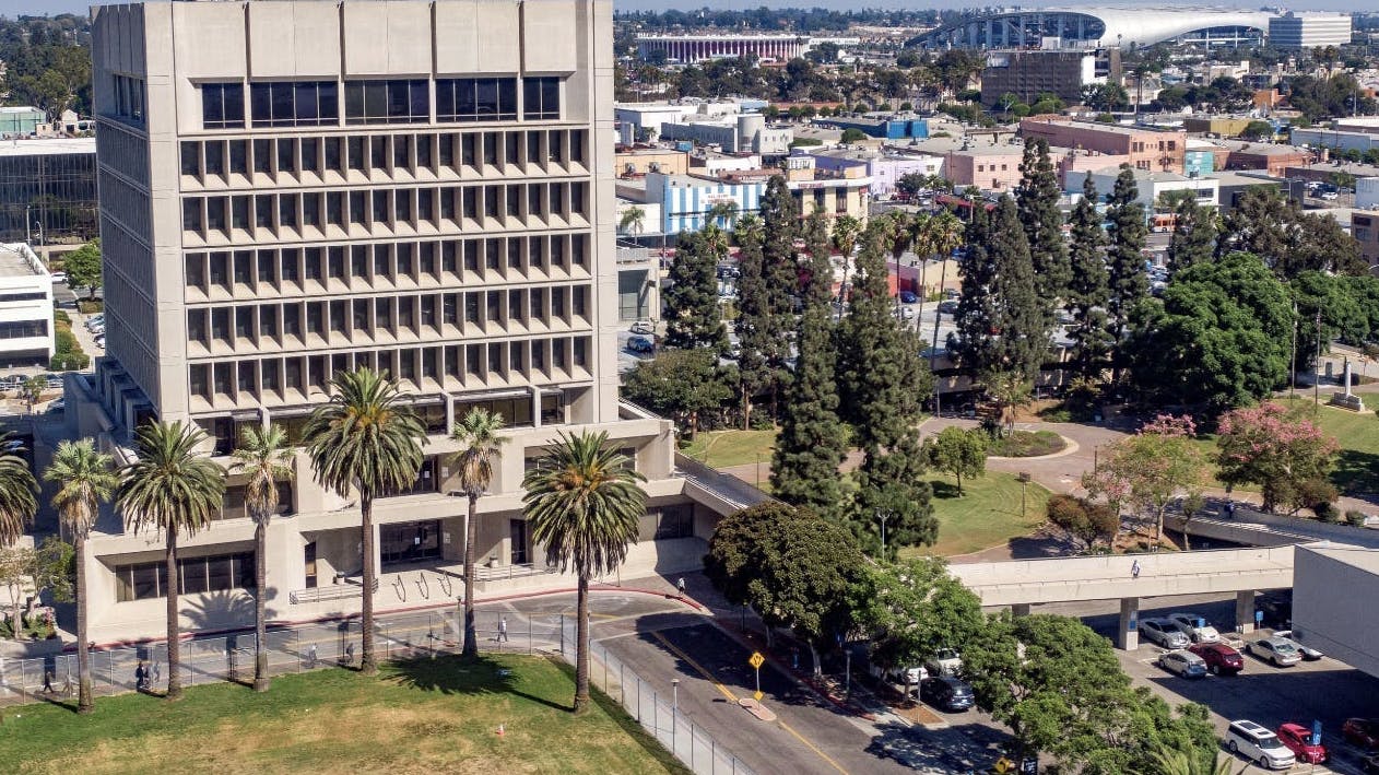 office building in city of inglewood in background