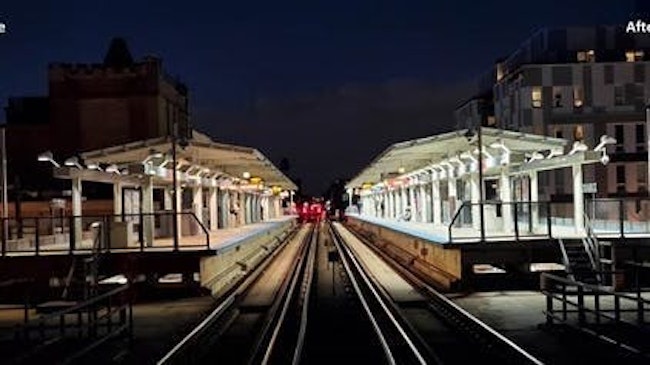 Lighting upgrades performed as part of CTA's Refresh & Renew program; left shows the platform lighting at Belmont Station before upgrades, while the right side has the new lighting installed.