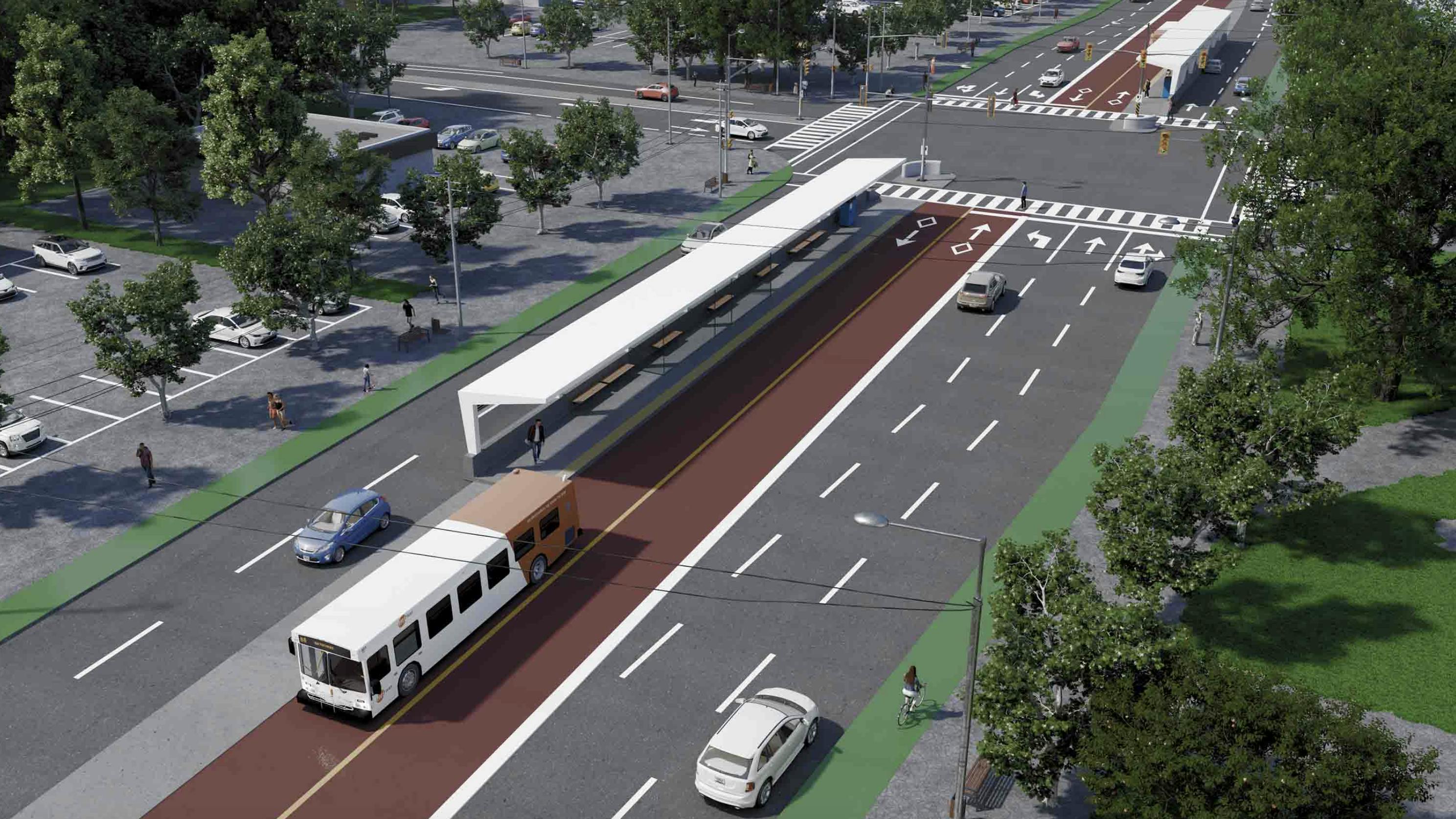rendering of median bus lanes and shelter for Dundas BRT project