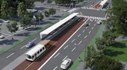 rendering of median bus lanes and shelter for Dundas BRT project