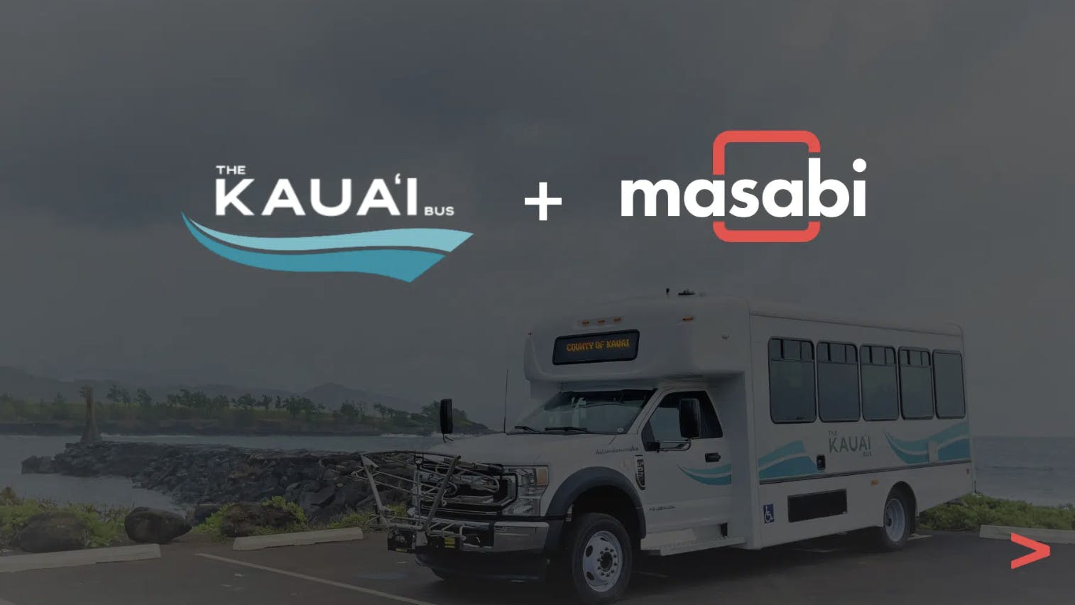 Kauai cutaway bus parked in parking lot with Kauai and masabi logo over photo