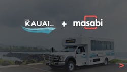 Kauai cutaway bus parked in parking lot with Kauai and masabi logo over photo Kauai cutaway bus parked in parking lot with Kauai and masabi logo over photo