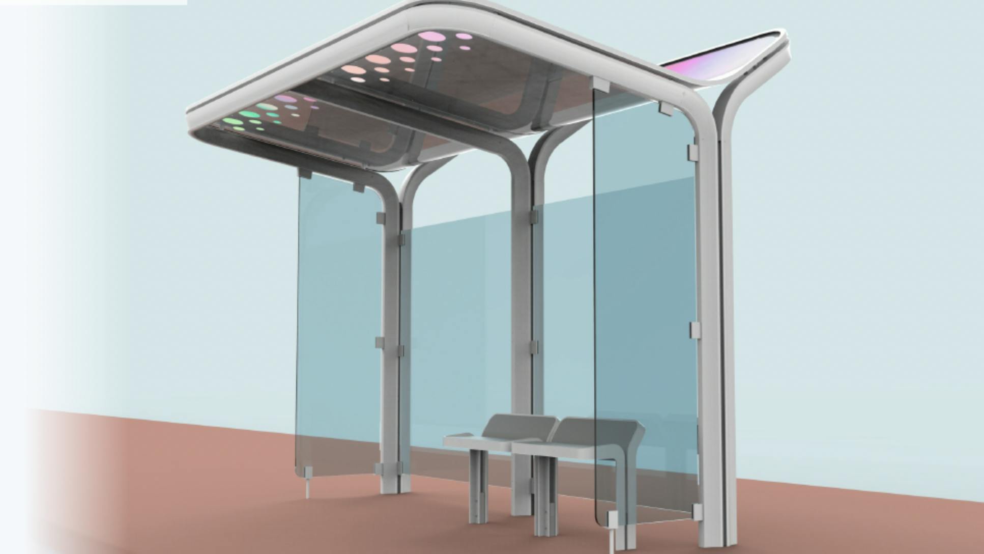 rendering of new bus shelter with bench, roof and glass sides