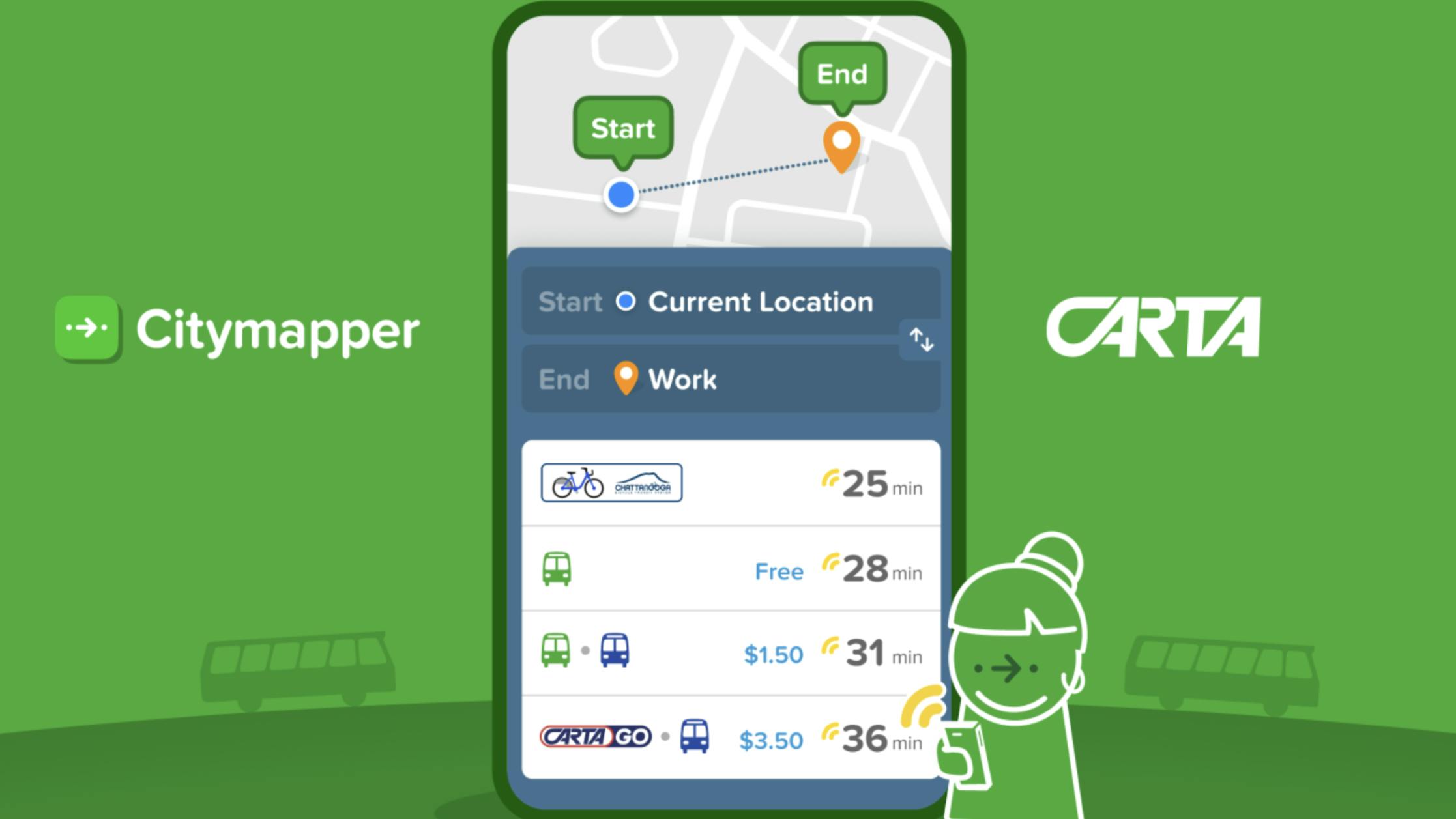green background with citymapper and CARTA logos on top next to screenshot of phone with mobile app open
