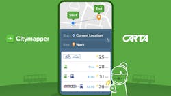 green background with citymapper and CARTA logos on top next to screenshot of phone with mobile app open green background with citymapper and CARTA logos on top next to screenshot of phone with mobile app open
