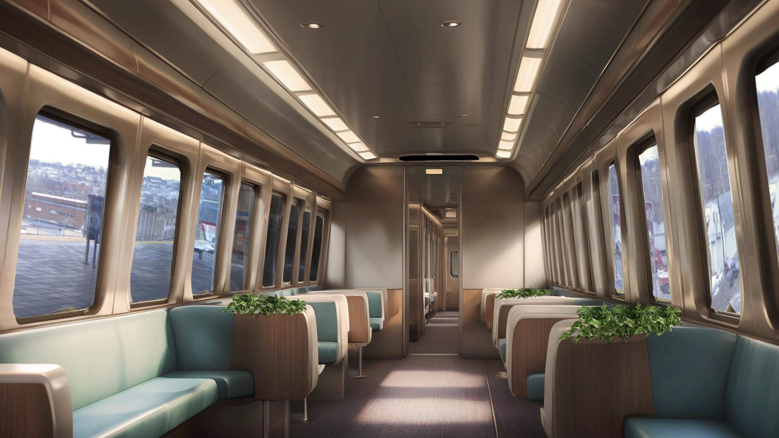 rendering of biophilic train car with large windows and plants