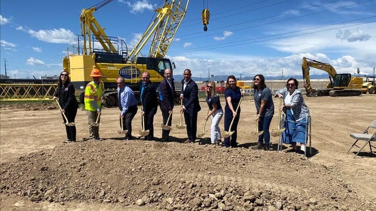 Representatives from CDOT, Thornton, city and county of Broomfield, Adams County and Brighton, Colo., officially break ground.