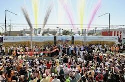 crowd gathers in front of valley metro light-rail vehicle crowd gathers in front of valley metro light-rail vehicle
