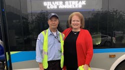 Susan Sweat poses in front of Foothill Transit bus with a bus operator Susan Sweat poses in front of Foothill Transit bus with a bus operator