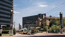 dart train pulls up to a station in North Dallas in downtown dart train pulls up to a station in North Dallas in downtown