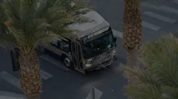 RTC bus drives down a street with palm trees on either side