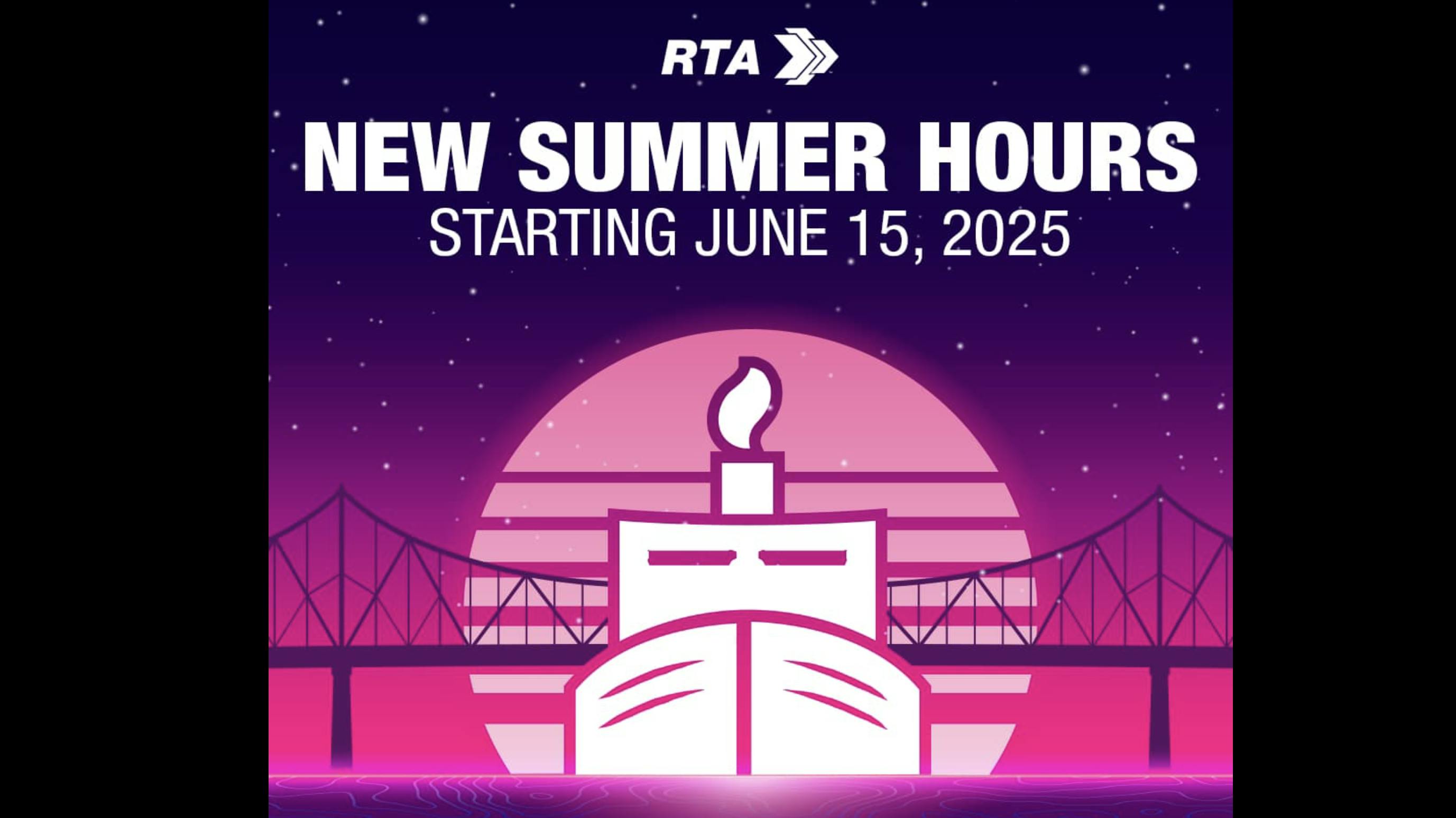 purple and pink graphic with ferry and bridge that says new summer hours starting June 15 2025