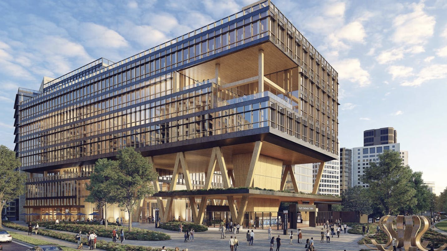 rendering of life sciences building with larger WMATA rail station in the lobby