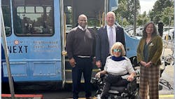 Gresham Mayor Travis Stovall; TriMet Executive Director of Public Affairs, JC Vannatta; TriMet Committee on Accessible Transportation (CAT) Chair, Jan Campbell; and Chief People and Strategy Officer for Meals on Wheels People, Jessica Morris, with a TriMet NEXT bus at the Multnomah County East Building in Gresham. Gresham Mayor Travis Stovall; TriMet Executive Director of Public Affairs, JC Vannatta; TriMet Committee on Accessible Transportation (CAT) Chair, Jan Campbell; and Chief People and Strategy Officer for Meals on Wheels People, Jessica Morris, with a TriMet NEXT bus at the Multnomah County East Building in Gresham.