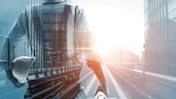 super imposed, layered graphic with rail tracks in urban setting overlayed with the outline of a person's body holding hard hat and papers super imposed, layered graphic with rail tracks in urban setting overlayed with the outline of a person's body holding hard hat and papers