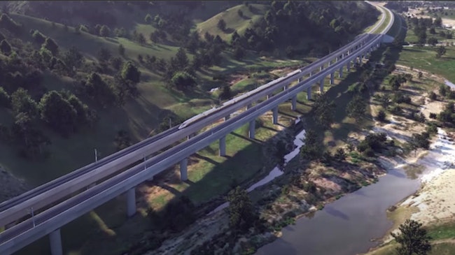 rendering of high speed train running on elevated guideway over fields and river