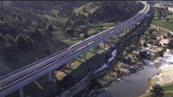 rendering of high speed train running on elevated guideway over fields and river rendering of high speed train running on elevated guideway over fields and river